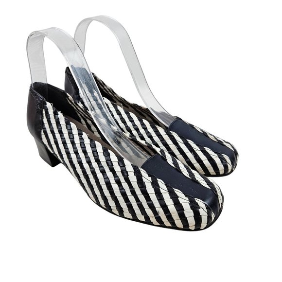 Rombel Shoes - Vintage Rombel Shoes Womens 38 Navy Blue White Striped Woven Block Heels 7.5
